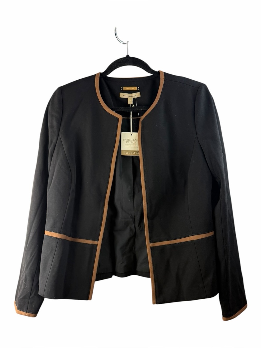 Talbots Tipped Jacket Womens Size 8 Black Brown Trim Italian Luxe Knit New